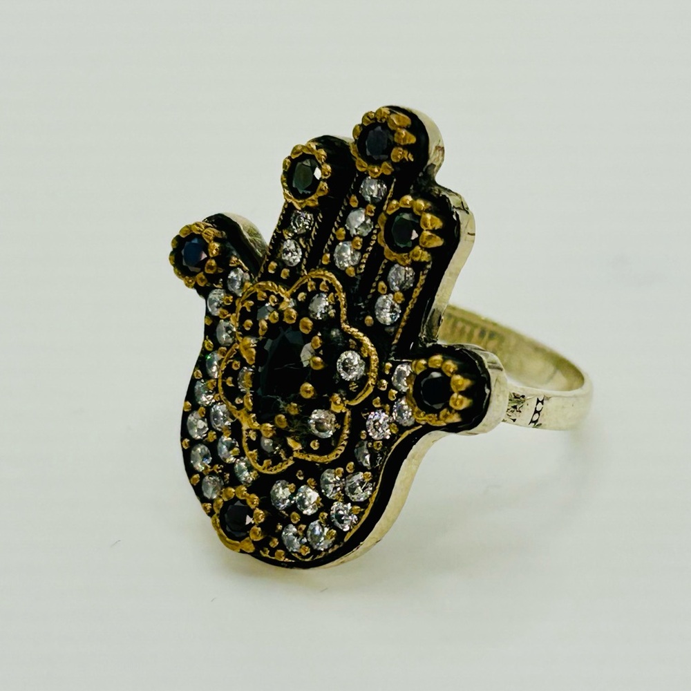 Sterling Silver Hamsa Statement Ring With Black &… - image 4